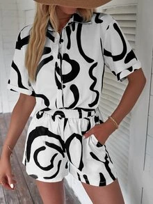 SHEIN LUNE Graphic Print Button Front Shirt & Shorts - Black and White - View 5