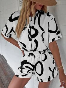 SHEIN LUNE Graphic Print Button Front Shirt & Shorts - Black and White - View 6