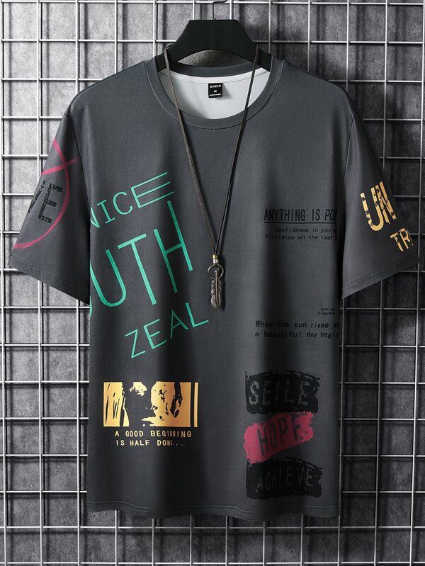 Manfinity EMRG Men Random Slogan & Figure Graphic Tee, Men S Casual Graphic Letter Print Short Sleeve T Shirt And Shorts Set, Men Slogan Graphic Drop Shoulder Tee