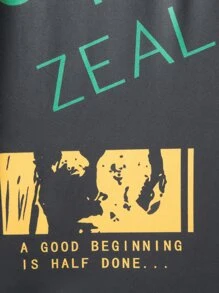 Manfinity Homme Men Random Slogan & Figure Graphic Tee, Men S Casual Graphic Letter Print Short Sleeve T Shirt And Shorts Set, Men Slogan Graphic Drop Shoulder Tee - Dark Grey - View 3