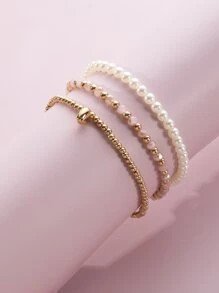 NAIZHU 3 件套时尚海滩度假风格人造珍珠弹性串珠脚链套装女士 - 彩色 - 查看 3