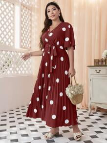 Mulvari 勃艮第红加波尔卡圆点印花蝴蝶袖褶饰腰带连衣裙 - 酒紅色 - 查看 5