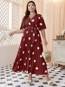 Mulvari 勃艮第红加波尔卡圆点印花蝴蝶袖褶饰腰带连衣裙 - 酒紅色 - 查看 6