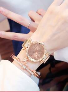 1入組水鑽裝飾圓形指針石英手錶和1入組手環 - 玫瑰金 - 查看 2