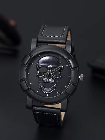Men Skull Print Dial Round Pointer Quartz Watch