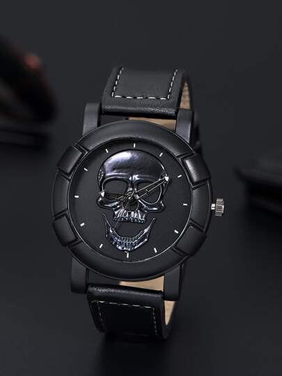 Men Skull Print Dial Round Pointer Quartz Watch