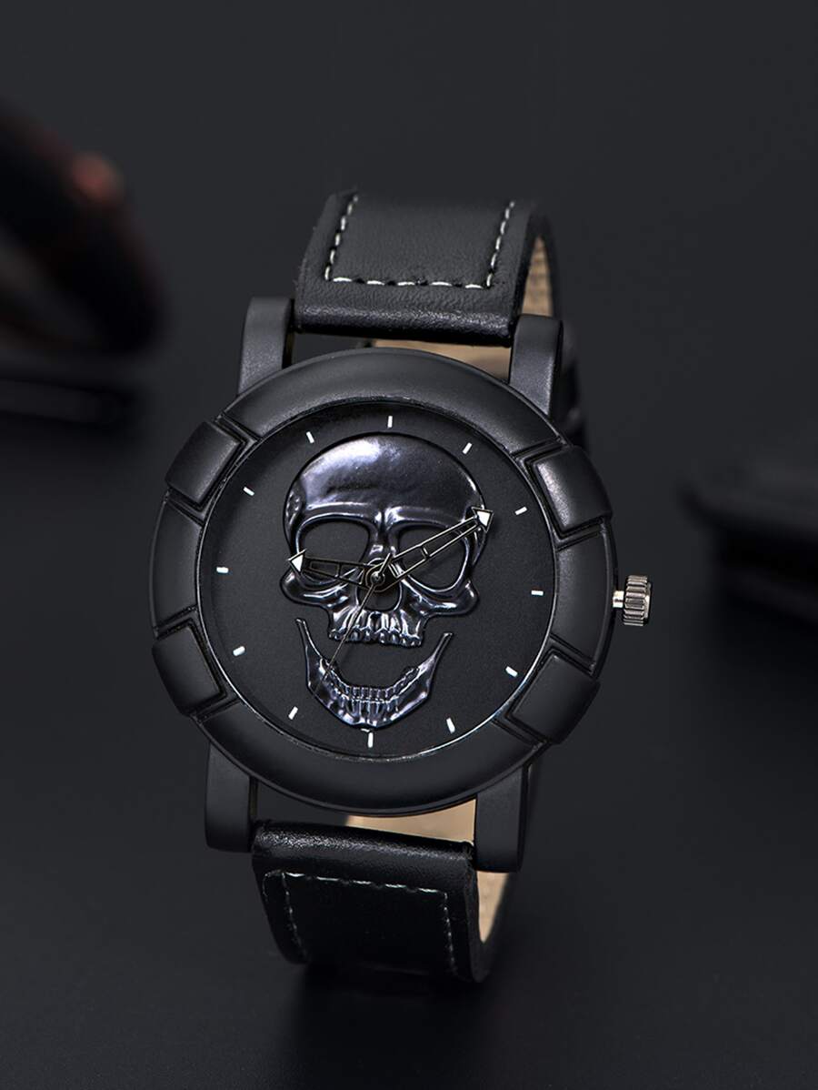 Men Skull Print Dial Round Pointer Quartz Watch - Black - View 1