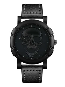 Men Skull Print Dial Round Pointer Quartz Watch - Black - View 2