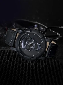 Men Skull Print Dial Round Pointer Quartz Watch - Black - View 3