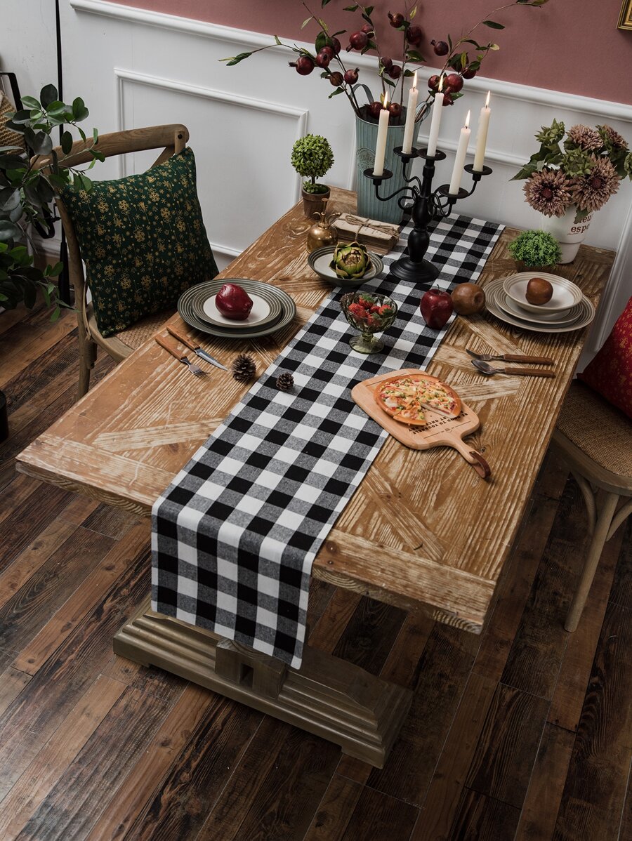 Plaid Table Runner - Black and White - View 1