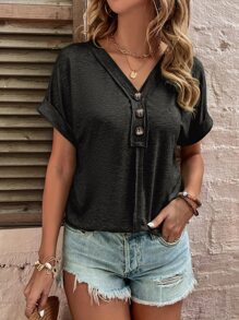 SHEIN LUNE Camiseta de media tapeta con botón de manga murciélago - Gris Oscuro - Ver 1