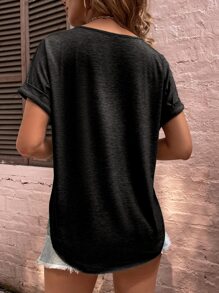 SHEIN LUNE Camiseta de media tapeta con botón de manga murciélago - Gris Oscuro - Ver 2