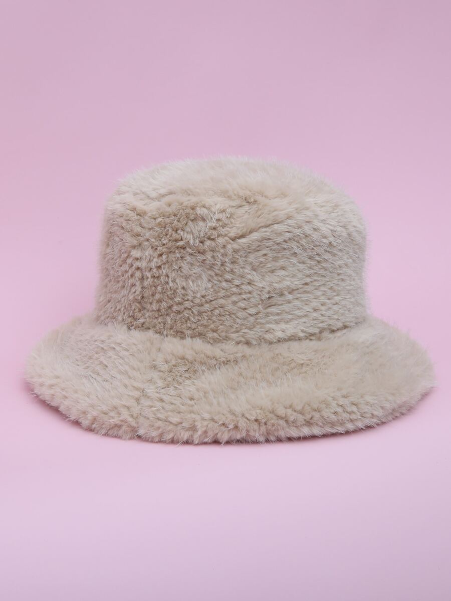 Solid Fuzzy Bucket Hat - Khaki - View 1