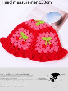 1 pieza Sombrero de cubo de estilo casual con contraste de color de fruta tipo macaron hecho a mano a ganchillo para mujeres y padres, adecuado para uso diario, viajes, compras - Fresa - Rojo - Ver 3