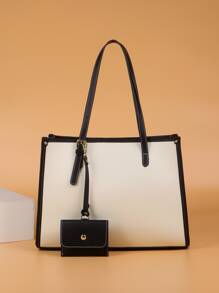 Contrast Binding Shoulder Tote Bag With Coin Purse - Beige - View 4