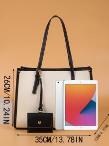 Contrast Binding Shoulder Tote Bag With Coin Purse - Beige - View 7