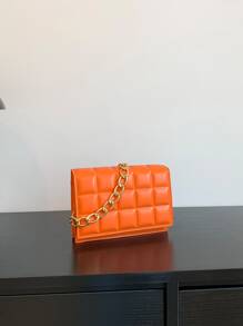 Mini Plaid Pattern Pressed Chain Shoulder Bag With Flap, Women's Crossbody Bag - Orange - View 1