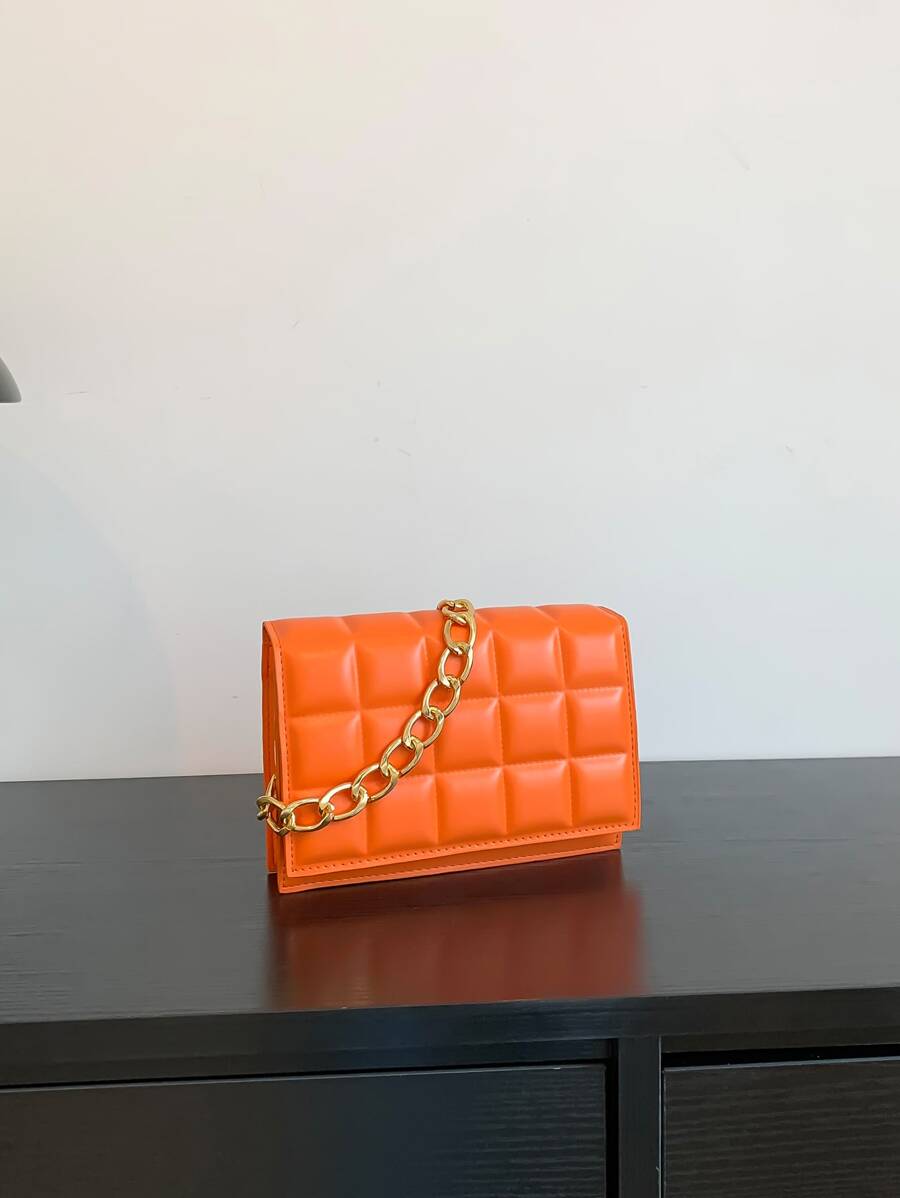 Mini Plaid Pattern Pressed Chain Shoulder Bag With Flap, Women's Crossbody Bag - Orange - View 1