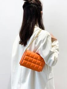 Mini Plaid Pattern Pressed Chain Shoulder Bag With Flap, Women's Crossbody Bag - Orange - View 2