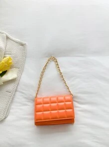 Mini Plaid Pattern Pressed Chain Shoulder Bag With Flap, Women's Crossbody Bag - Orange - View 4