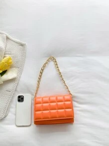 Mini Plaid Pattern Pressed Chain Shoulder Bag With Flap, Women's Crossbody Bag - Orange - View 6