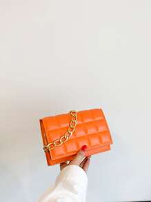 Mini Plaid Pattern Pressed Chain Shoulder Bag With Flap, Women's Crossbody Bag - Orange - View 7