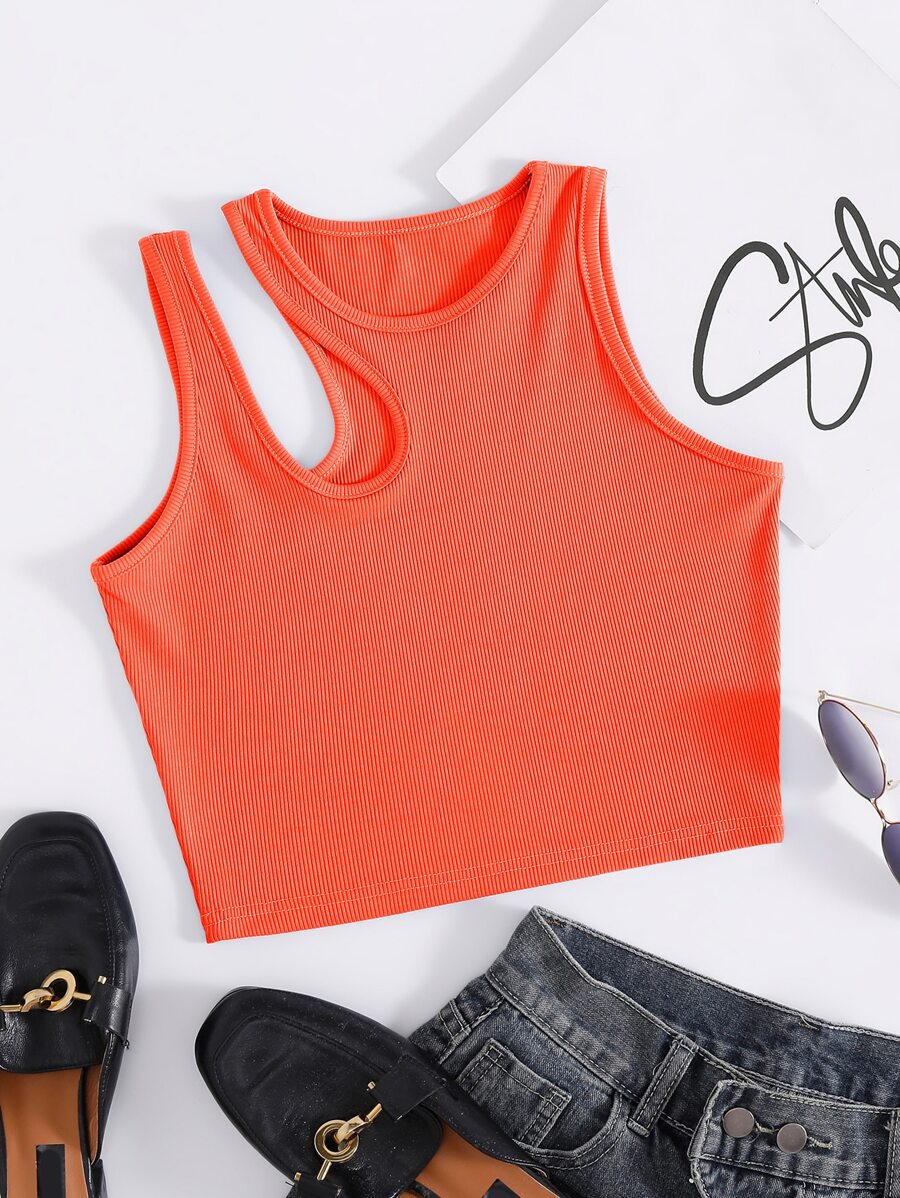 INAWLY Leisure Solid Cutout Shoulder Rib-Knit Tank Top For Summer - Orange - View 1