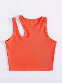 INAWLY Leisure Solid Cutout Shoulder Rib-Knit Tank Top For Summer - Orange - View 3