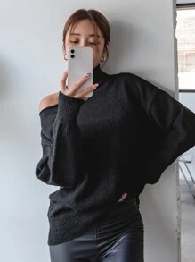 DAZY 不对称领口落肩毛衣，秋装 - 黑色 - 查看 3