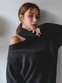 DAZY 不对称领口落肩毛衣，秋装 - 黑色 - 查看 4