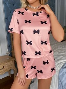 SweetSlumber Cute Bow Print Short Sleeve Top And Shorts Pajama Set