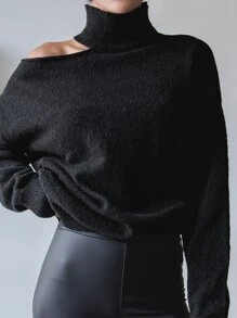 DAZY 不对称领口落肩毛衣，秋装 - 黑色 - 查看 5