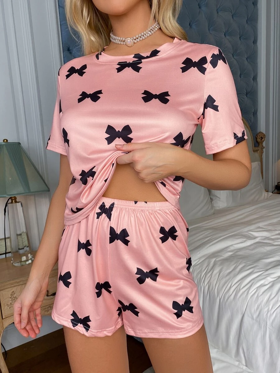 SweetSlumber Cute Bow Print Short Sleeve Top And Shorts Pajama Set