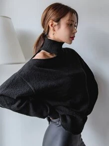DAZY 不对称领口落肩毛衣，秋装 - 黑色 - 查看 6