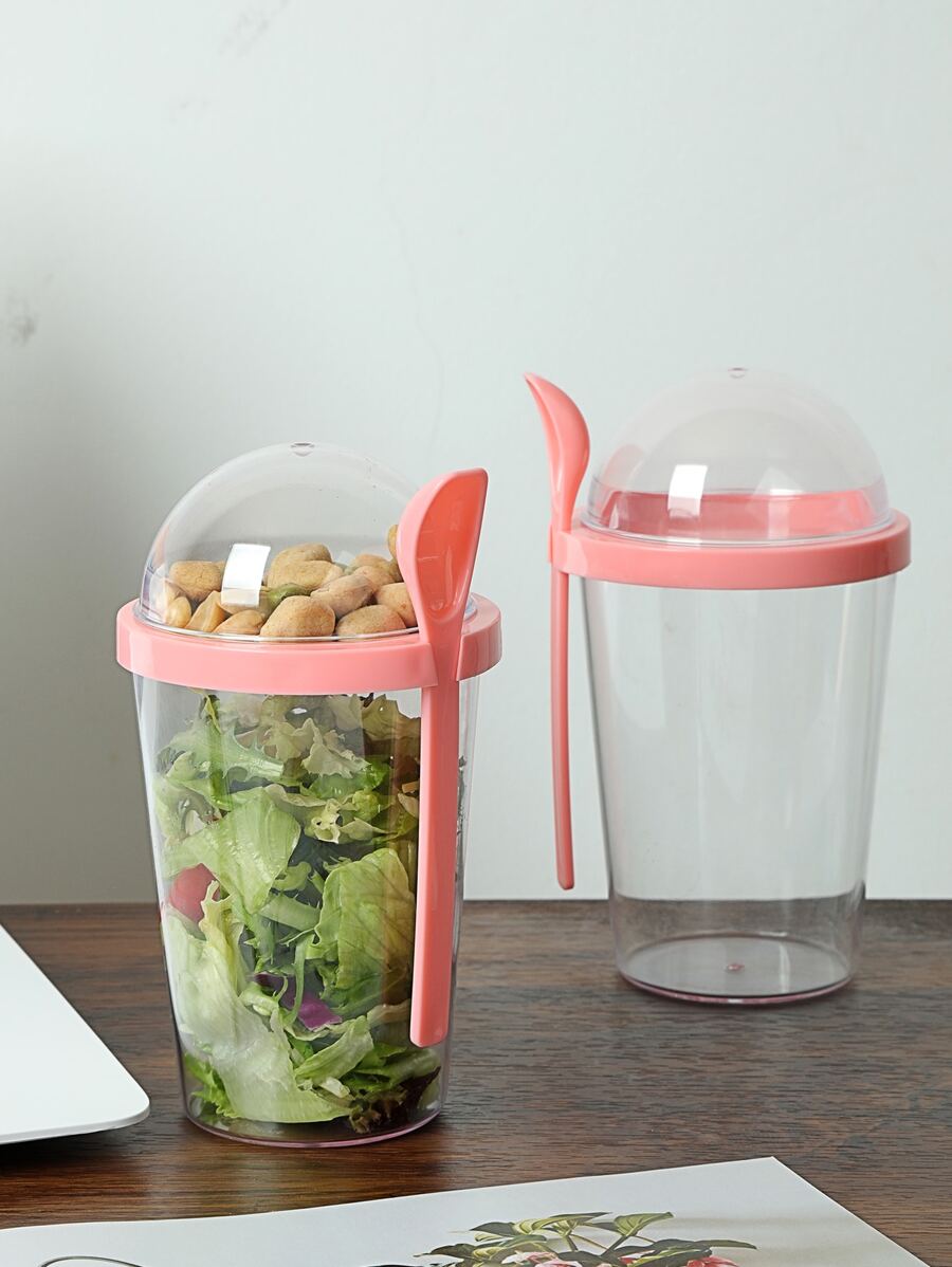 1入組極簡風格沙拉杯帶湯匙 - 粉色 - 查看 1