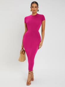 SHEIN SXY Solid Round Neck Bodycon Dress - Hot Pink - View 4