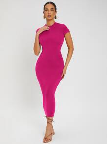 SHEIN SXY Solid Round Neck Bodycon Dress - Hot Pink - View 5