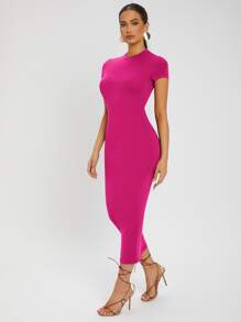 SHEIN SXY Solid Round Neck Bodycon Dress - Hot Pink - View 6