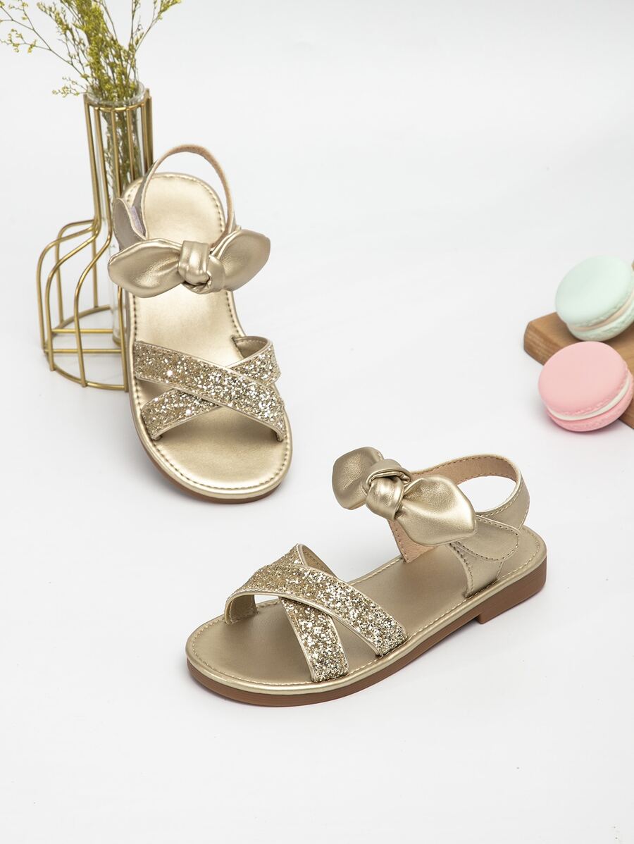 女孩金屬質感亮片細節蝴蝶結裝飾踝帶涼鞋 - 金色 - 查看 1