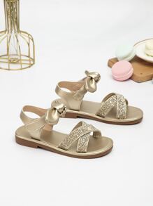 女孩金屬質感亮片細節蝴蝶結裝飾踝帶涼鞋 - 金色 - 查看 5