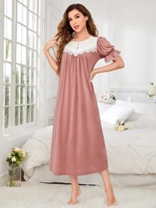 SHEIN Unity Guipure Lace Panel Puff Sleeve Night Dress - Dusty Pink - View 3