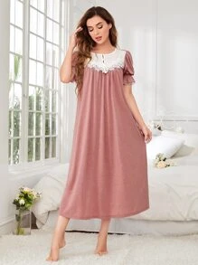SHEIN Unity Guipure Lace Panel Puff Sleeve Night Dress - Dusty Pink - View 4