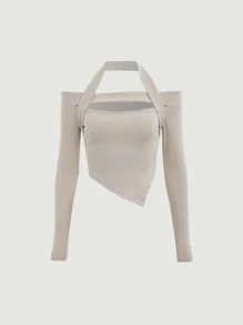 SHEIN MOD Áo thun nữ Bất đối xứng Gân đan màu trơn Giải trí - Màu be - Xem 1