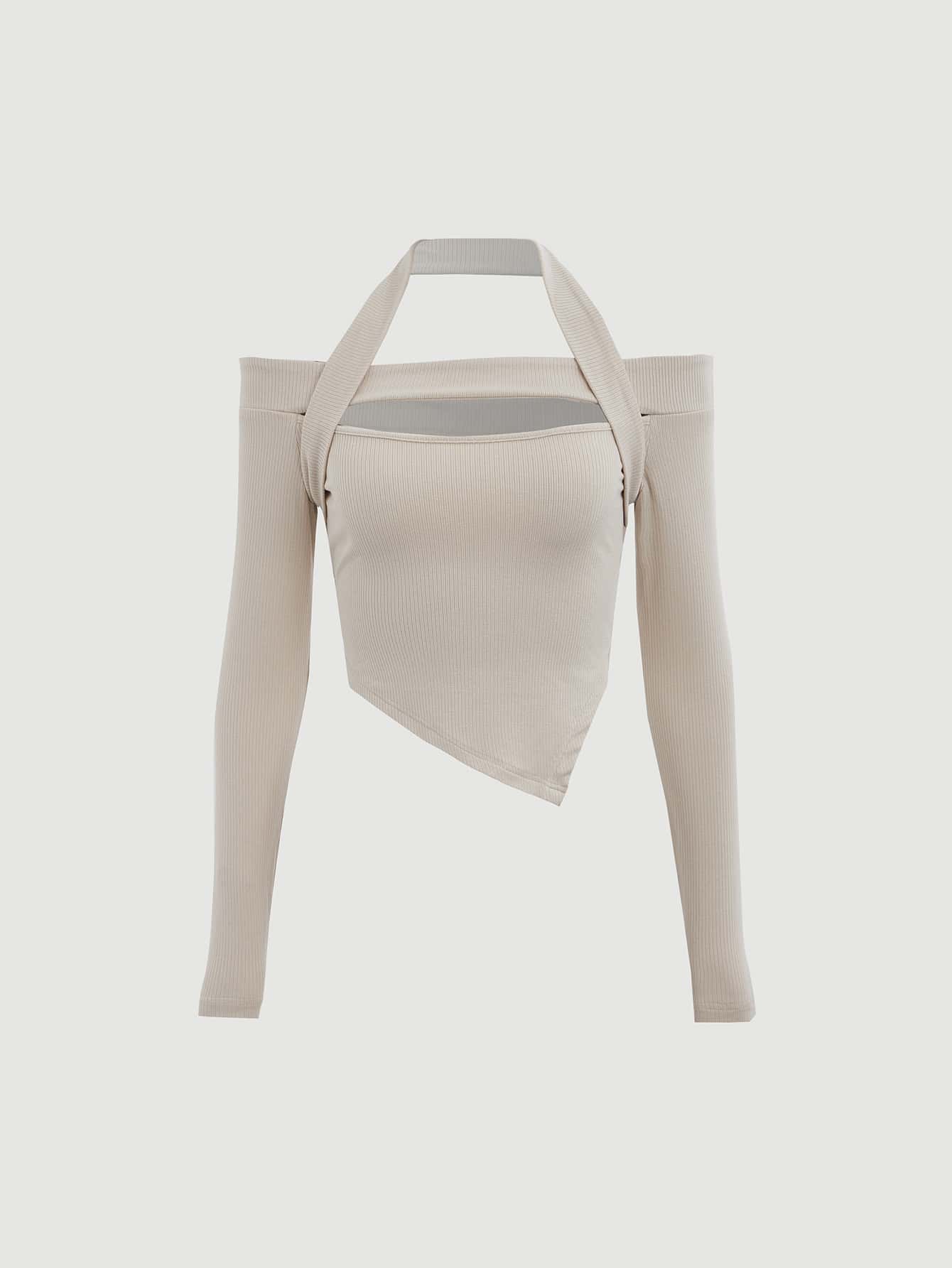 SHEIN MOD Áo thun nữ Bất đối xứng Gân đan màu trơn Giải trí - Màu be - Xem 1