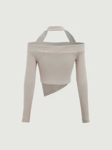 SHEIN MOD Áo thun nữ Bất đối xứng Gân đan màu trơn Giải trí - Màu be - Xem 5