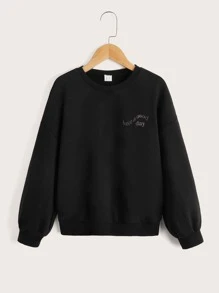 SHEIN Niñas Pullover con estampado de dibujos animados de hombros caídos - Negro - Ver 5