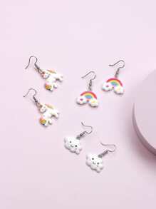 3pairs/set Girls Rainbow & Unicorn Decor Drop Earrings - Multicolor - View 2