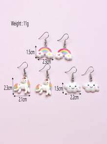3pairs/set Girls Rainbow & Unicorn Decor Drop Earrings - Multicolor - View 4