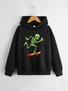 SHEIN Áo nỉ in hình đầu lâu phản quang dành cho bé trai tuổi teen nhân dịp Halloween - màu đen - Xem 2