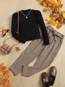 SHEIN Girls Solid Puff Sleeve Tee & Houndstooth Belted Trousers Set - Multicolor - View 1